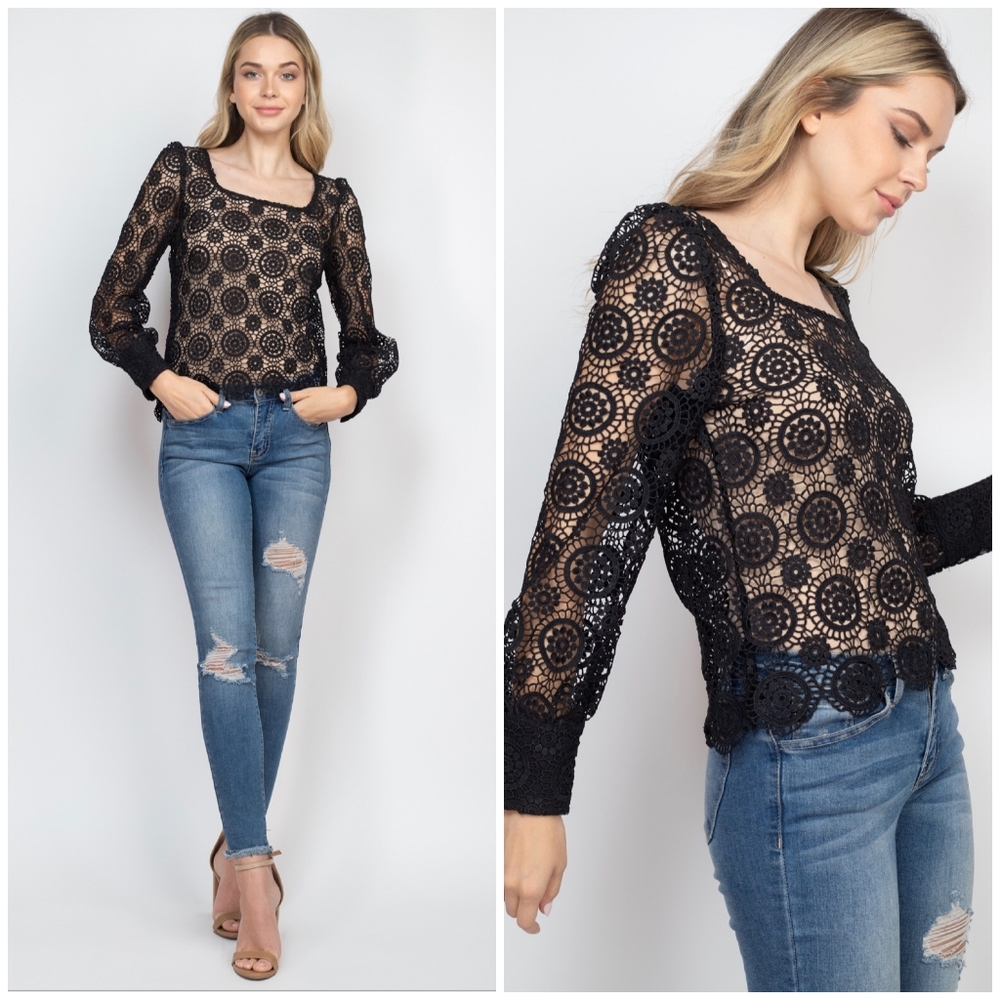 CALISTA Black Embroidered Crochet Long Sleeves Top - Picture 8 of 9